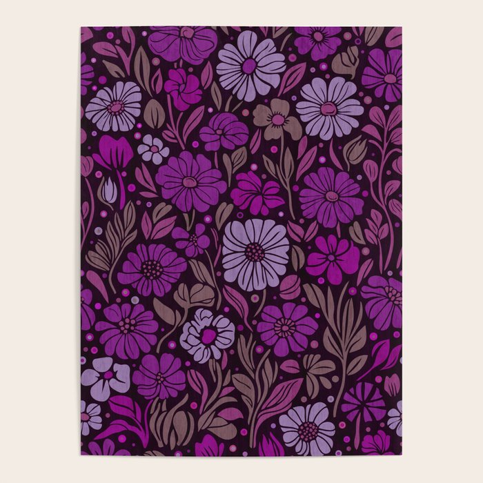 Eternal Summer Block Print Countryside Vibes Flower Garden Fuchsia Poster Gallery Image 4