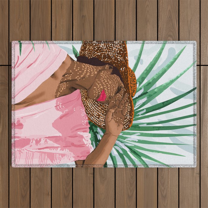 Sunshine in My Soul | Black Woman Tropical Travel | Modern Boho Palm Summer Vacation Fashion Outdoor Rug Gallery Image 1