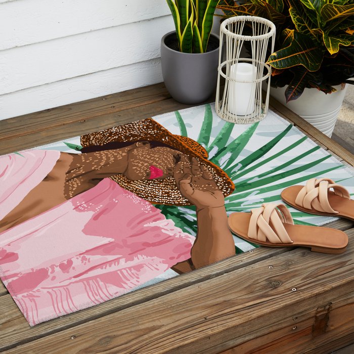 Sunshine in My Soul | Black Woman Tropical Travel | Modern Boho Palm Summer Vacation Fashion Outdoor Rug Gallery Image 2