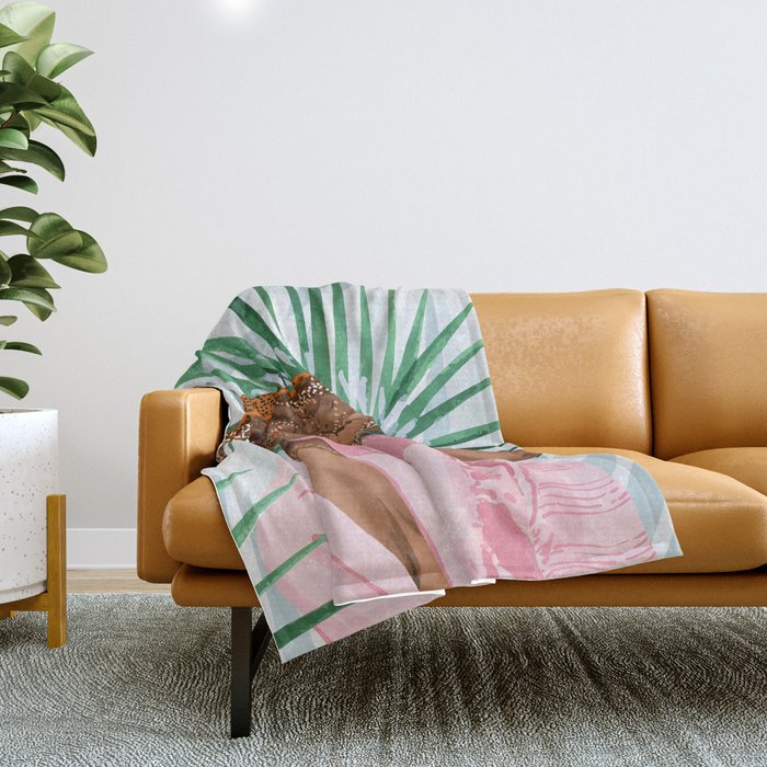 Sunshine in My Soul | Black Woman Tropical Travel | Modern Boho Palm Summer Vacation Fashion Throw Blanket Gallery Image 1