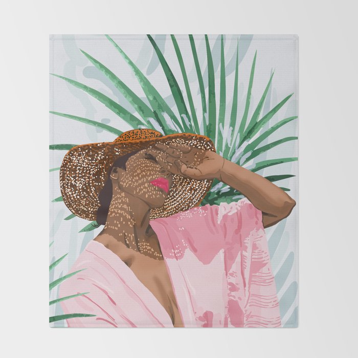 Sunshine in My Soul | Black Woman Tropical Travel | Modern Boho Palm Summer Vacation Fashion Throw Blanket Gallery Image 2