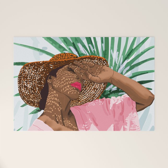 Sunshine in My Soul | Black Woman Tropical Travel | Modern Boho Palm Summer Vacation Fashion Welcome Mat Gallery Image 1
