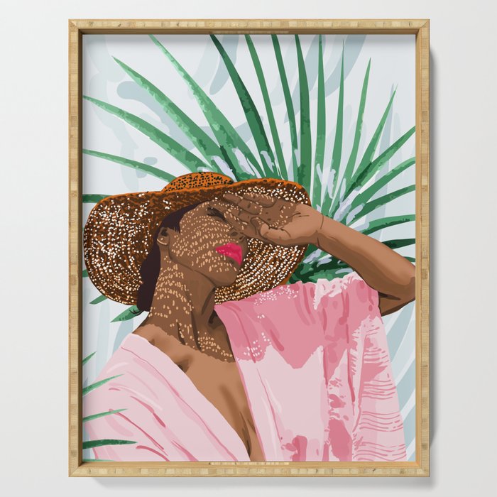 Sunshine in My Soul | Black Woman Tropical Travel | Modern Boho Palm Summer Vacation Fashion Serving Tray Gallery Image 1