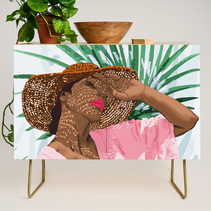 Sunshine in My Soul | Black Woman Tropical Travel | Modern Boho Palm Summer Vacation Fashion Credenza Gallery Image 1