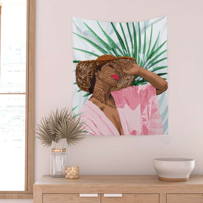 Sunshine in My Soul | Black Woman Tropical Travel | Modern Boho Palm Summer Vacation Fashion Wall Tapestry Gallery Image 2