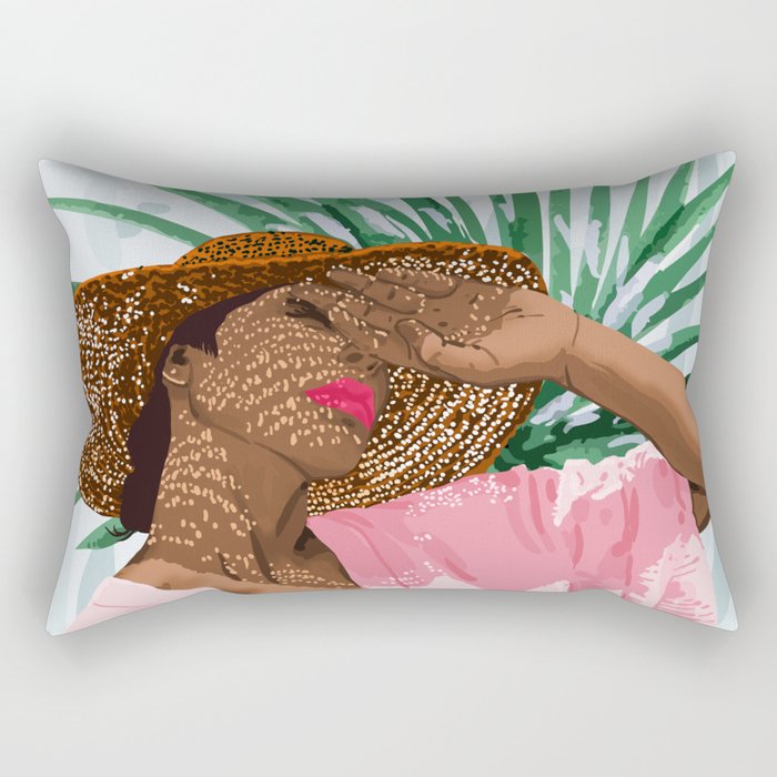 Sunshine in My Soul | Black Woman Tropical Travel | Modern Boho Palm Summer Vacation Fashion Rectangular Pillow Gallery Image 1