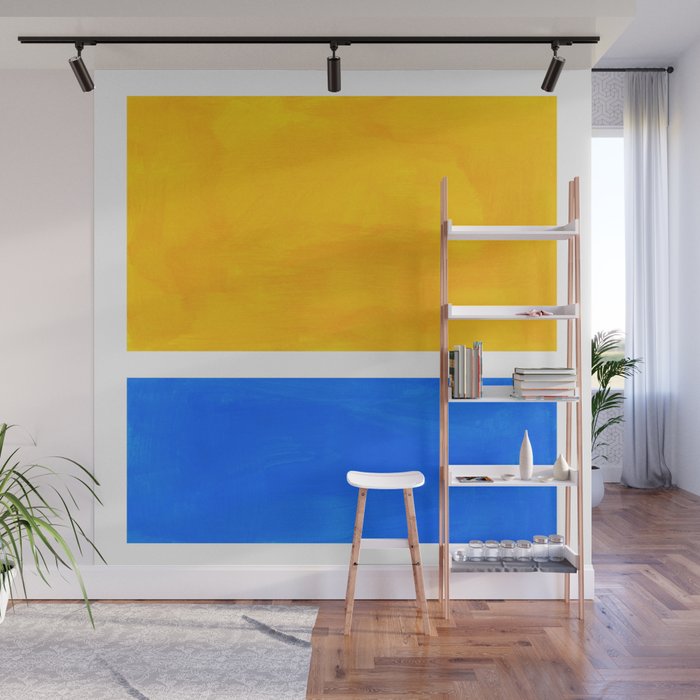 Primary Yellow Cerulean Blue Mid Century Modern Abstract Minimalist Rothko Color Field Squares Wall Mural Gallery Image 1