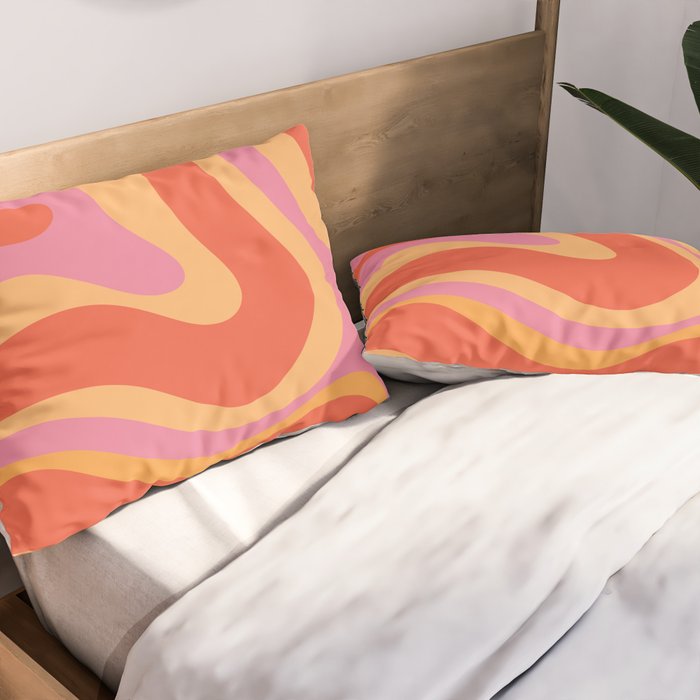 Modern Retro Liquid Swirl Abstract Pattern Square in Vintage Pink and Orange Pillow Sham Gallery Image 2