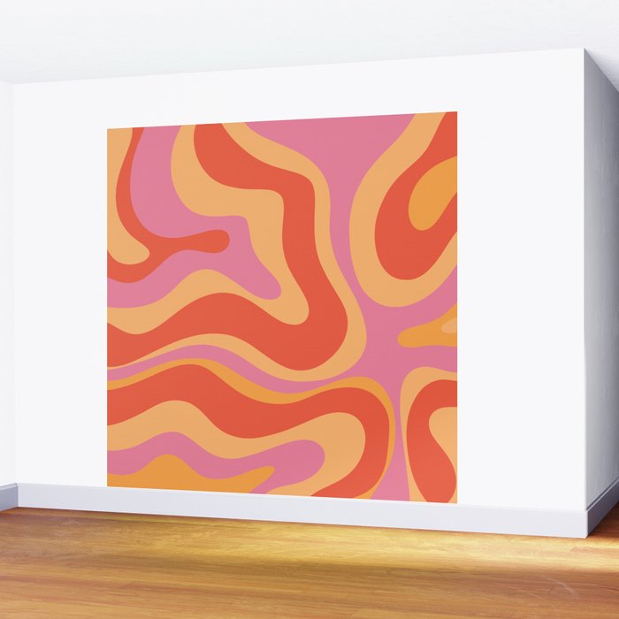 Modern Retro Liquid Swirl Abstract Pattern Square in Vintage Pink and Orange Wall Mural Gallery Image 2