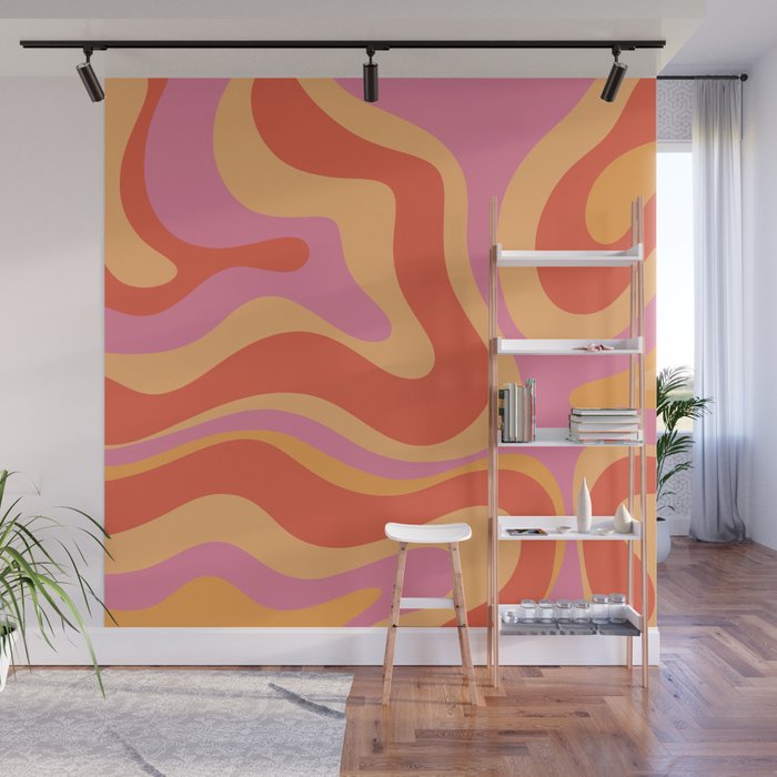 Modern Retro Liquid Swirl Abstract Pattern Square in Vintage Pink and Orange Wall Mural Gallery Image 1