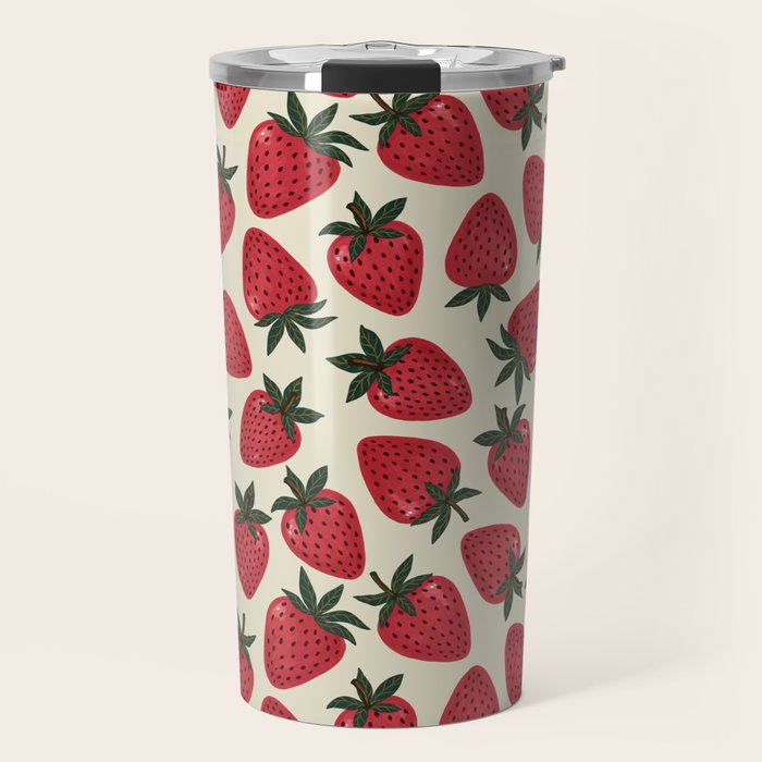 Hand Drawn Vintage Strawberry Pattern Travel Mug Gallery Image 1