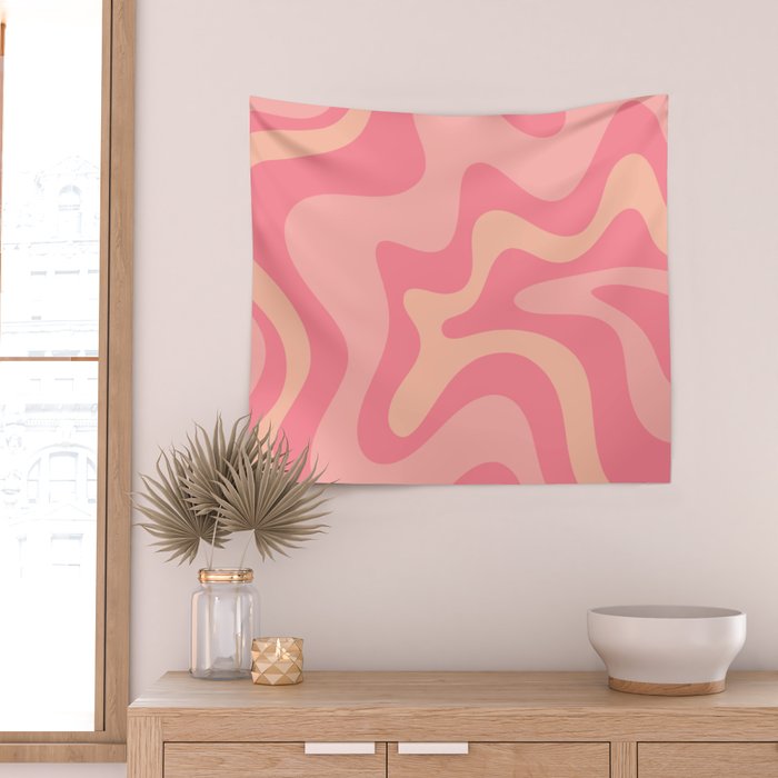 Retro Liquid Swirl Abstract Pattern Square In Bubblegum Blush Pink Tones Wall Tapestry Gallery Image 2