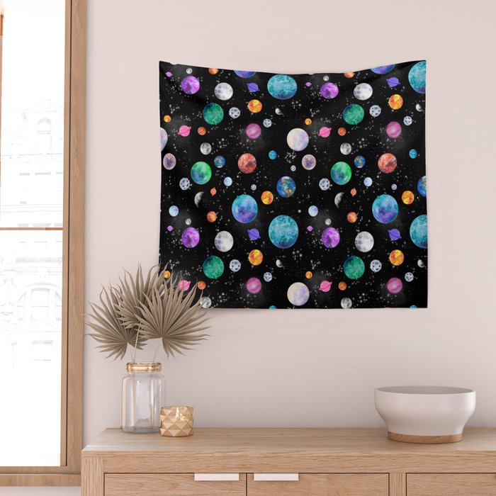 Outer Space Planets Watercolor Galaxy Wall Tapestry Gallery Image 2