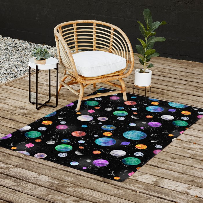 Outer Space Planets Watercolor Galaxy Outdoor Rug Gallery Image 2