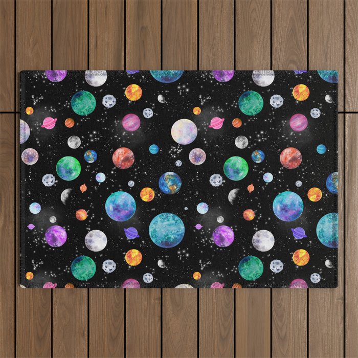 Outer Space Planets Watercolor Galaxy Outdoor Rug Gallery Image 1