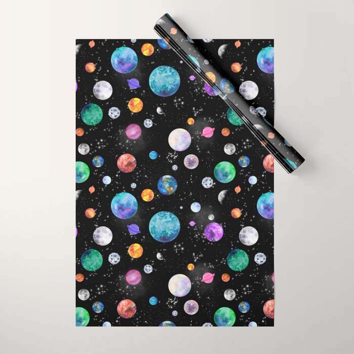 Outer Space Planets Watercolor Galaxy Wrapping Paper Gallery Image 1