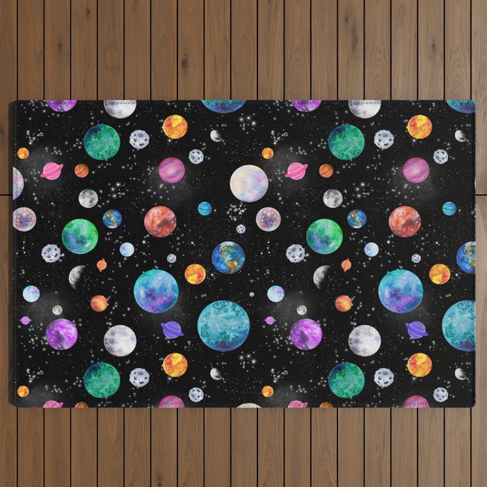 Outer Space Planets Watercolor Galaxy Outdoor Rug Gallery Image 2