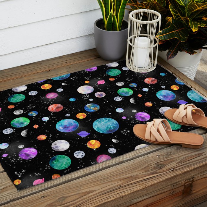 Outer Space Planets Watercolor Galaxy Outdoor Rug Gallery Image 2
