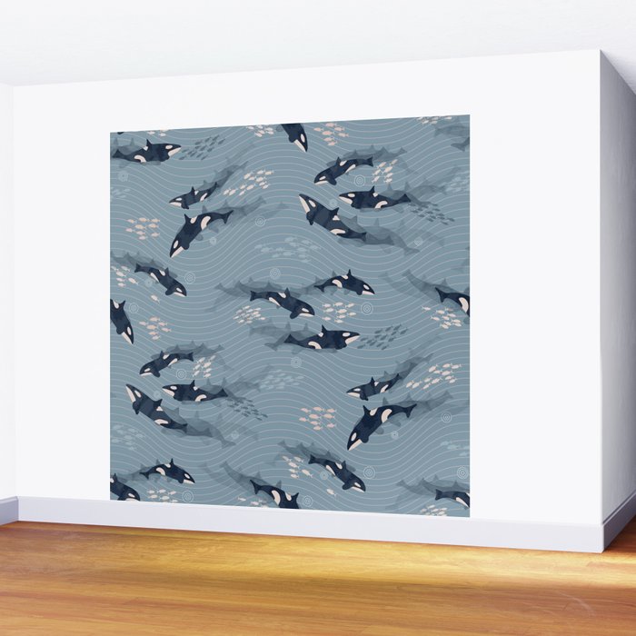 Orca in Motion / blue-gray ocean pattern Wall Mural Gallery Image 2
