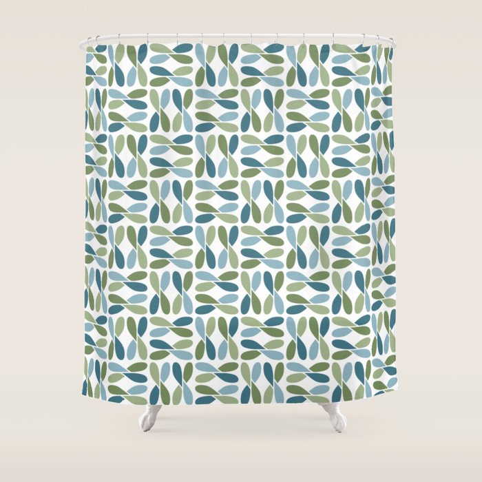 Retro Mid Century Modern Abstract Leaf Pattern Teal Blue Dill Green Shower Curtain Gallery Image 1