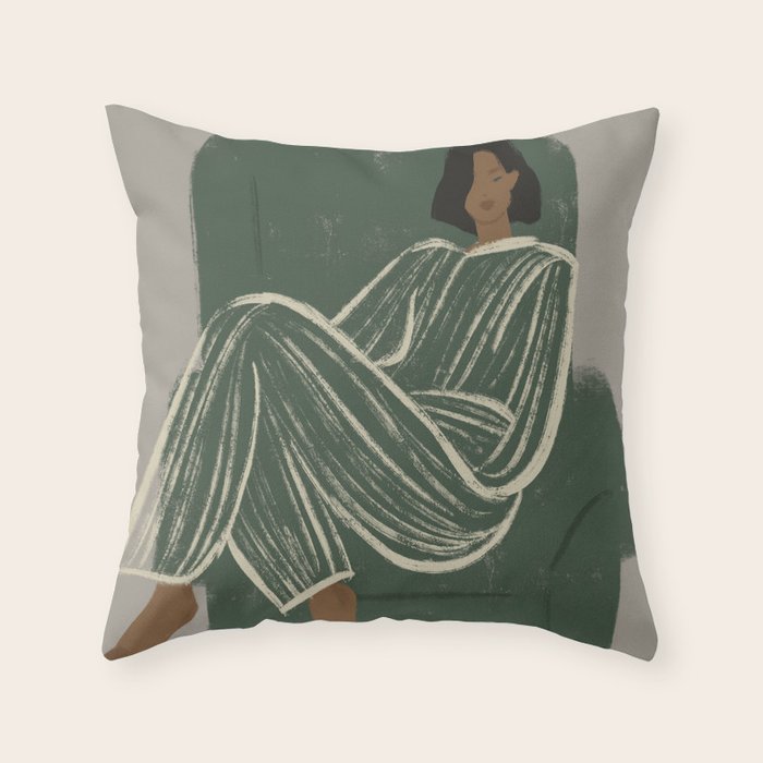  portrait of a woman in a striped suit and a green chair Throw Pillow Gallery Image 6