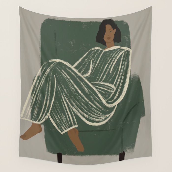  portrait of a woman in a striped suit and a green chair Wall Tapestry Gallery Image 4