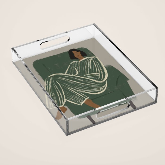  portrait of a woman in a striped suit and a green chair Acrylic Tray Gallery Image 1