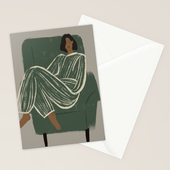  portrait of a woman in a striped suit and a green chair Stationery Card Gallery Image 2