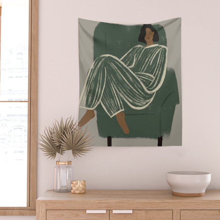  portrait of a woman in a striped suit and a green chair Wall Tapestry Gallery Image 2