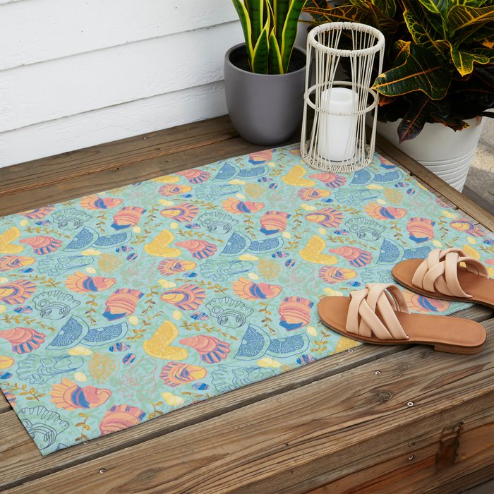 Coastal Oysters on the Beach in Seafoam Green Outdoor Rug Gallery Image 2