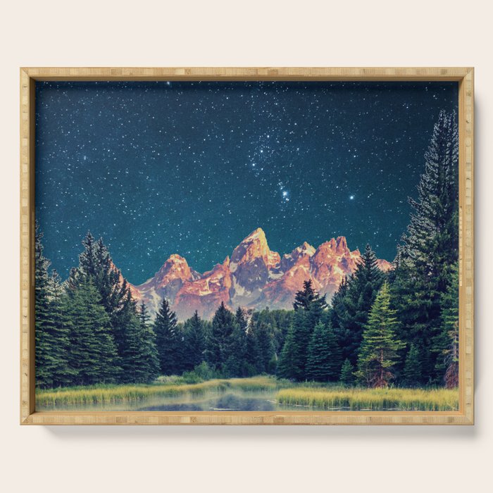 Grand Teton National Park Mountains Stars Night Sky Print Serving Tray Gallery Image 1