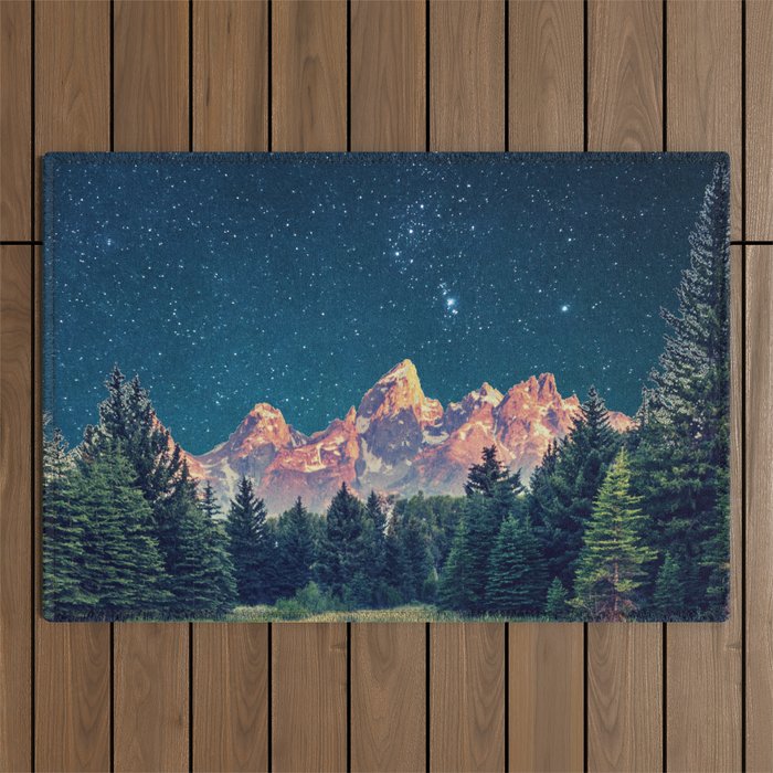 Grand Teton National Park Mountains Stars Night Sky Print Outdoor Rug Gallery Image 1