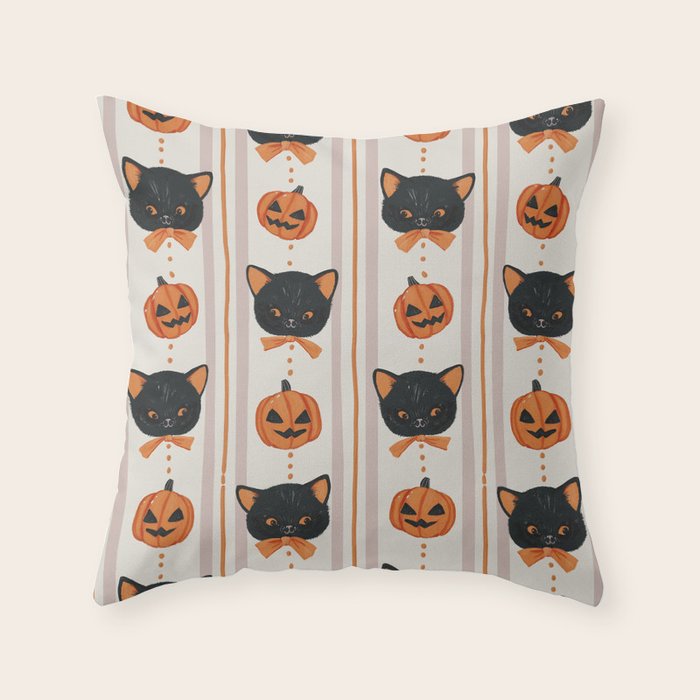 Vintage Halloween Kittens Throw Pillow Gallery Image 1