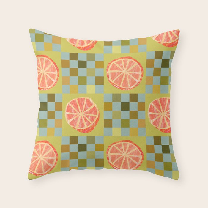 Checkered Citrus Fruit in Sage & Orange Throw Pillow Gallery Image 1