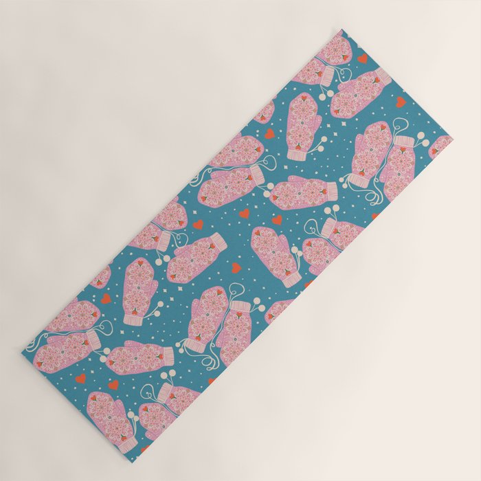 Pink Snowflake Mittens and Hearts on Blue Winter Pattern Yoga Mat Gallery Image 1