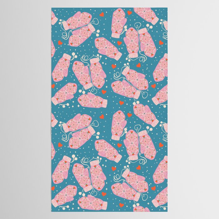 Pink Snowflake Mittens and Hearts on Blue Winter Pattern Tablecloth Gallery Image 2