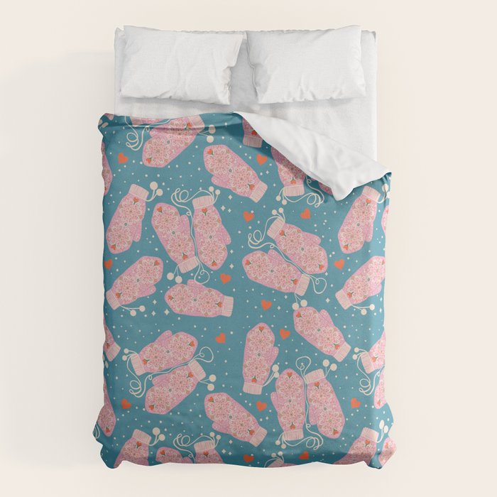 Pink Snowflake Mittens and Hearts on Blue Winter Pattern Duvet Cover Gallery Image 6