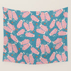 Pink Snowflake Mittens and Hearts on Blue Winter Pattern Wall Tapestry Gallery Image 4