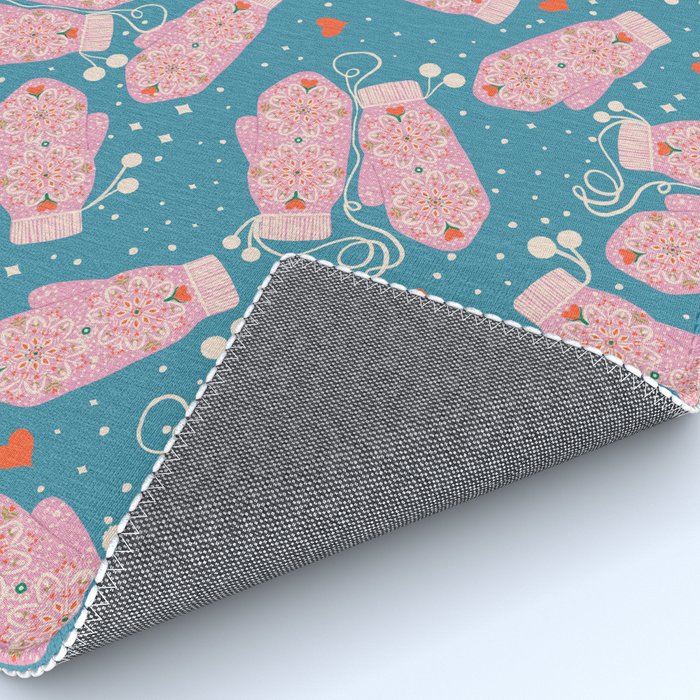 Pink Snowflake Mittens and Hearts on Blue Winter Pattern Rug Gallery Image 4