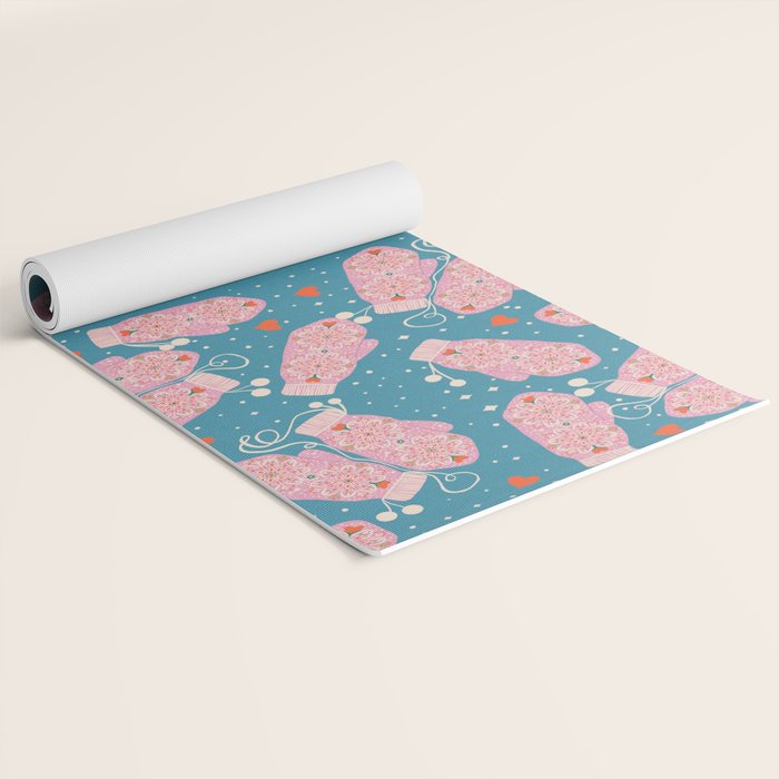 Pink Snowflake Mittens and Hearts on Blue Winter Pattern Yoga Mat Gallery Image 2