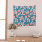 Pink Snowflake Mittens and Hearts on Blue Winter Pattern Wall Tapestry Gallery Image 2