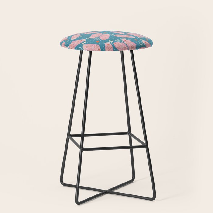 Pink Snowflake Mittens and Hearts on Blue Winter Pattern Stool Gallery Image 1