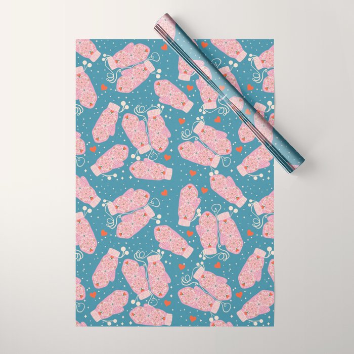 Pink Snowflake Mittens and Hearts on Blue Winter Pattern Wrapping Paper Gallery Image 1