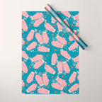 Pink Snowflake Mittens and Hearts on Blue Winter Pattern Wrapping Paper Gallery Image 1