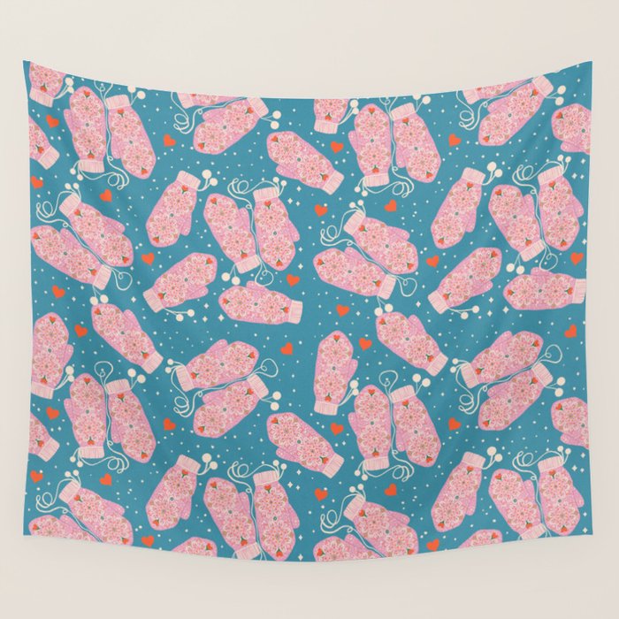 Pink Snowflake Mittens and Hearts on Blue Winter Pattern Wall Tapestry Gallery Image 1