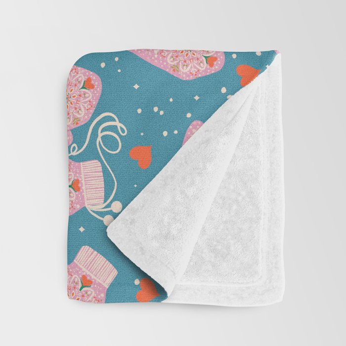 Pink Snowflake Mittens and Hearts on Blue Winter Pattern Throw Blanket Gallery Image 3