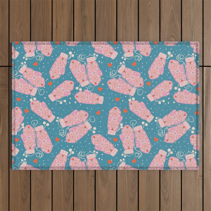 Pink Snowflake Mittens and Hearts on Blue Winter Pattern Outdoor Rug Gallery Image 1