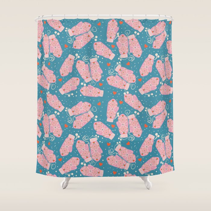 Pink Snowflake Mittens and Hearts on Blue Winter Pattern Shower Curtain Gallery Image 1