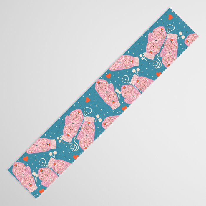 Pink Snowflake Mittens and Hearts on Blue Winter Pattern Table Runner Gallery Image 3