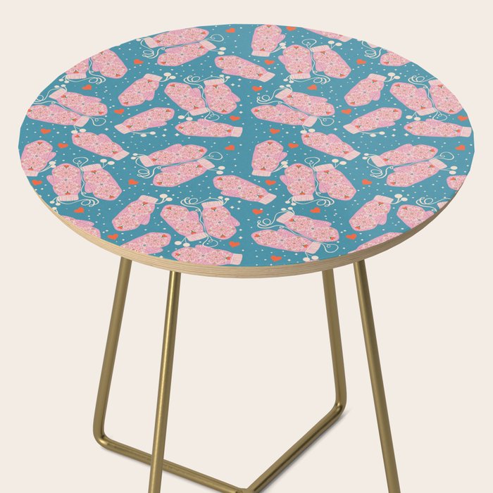 Pink Snowflake Mittens and Hearts on Blue Winter Pattern Side Table Gallery Image 2
